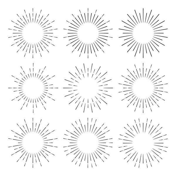 손으로 그린 복고풍 태양 버스트의 큰 세트. 빈티지 스타일의 별의 버스트. 플랫 벡터 일러스트레이션 — 스톡 벡터