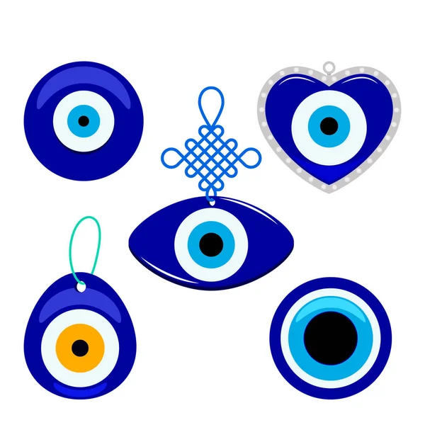 Turkse traditionele set van blauwe glazig boncuk mascotte. Symbool van het boze oog geïsoleerd op witte achtergrond. platte vector — Stockvector