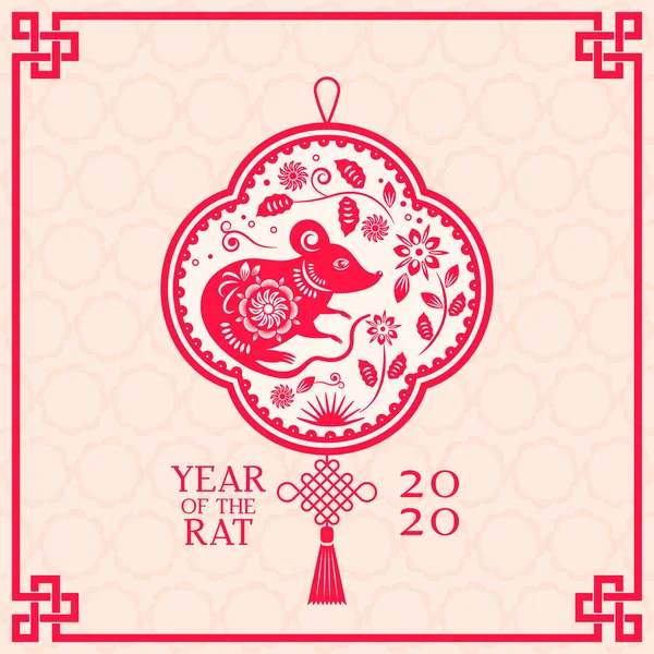 Biglietto di auguri con ratto bianco cinese di Capodanno 2020 sul calendario astrologico. Gong Xi Fa Cai. Illustrazione tradizionale cinese dorata su sfondo rosso . — Vettoriale Stock