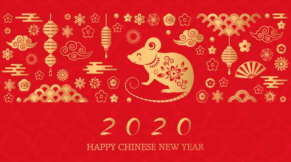 Šťastný čínský Nový rok. Bílá krysa je symbol 2020 čínského roku nového roku. Nápis předlohy, plakát, přání. Vějíř, krysa, mrak, Lucerna, květiny. — Stockový vektor