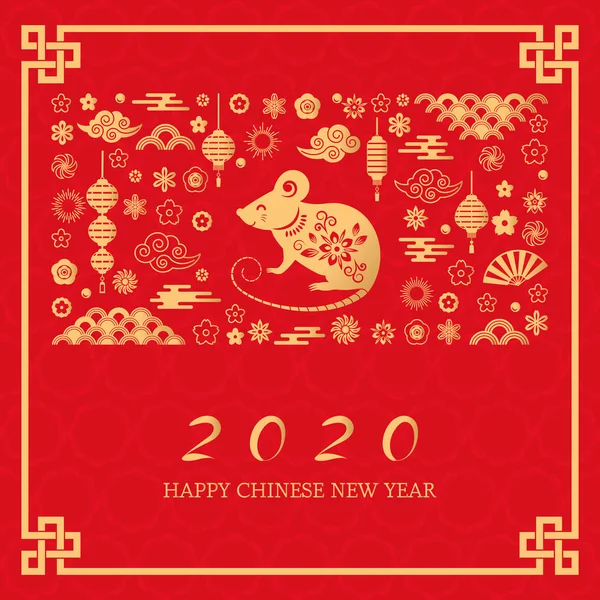 Šťastný čínský Nový rok. Bílá krysa je symbol 2020 čínského roku nového roku. Nápis předlohy, plakát, přání. Vějíř, krysa, mrak, Lucerna, květiny. — Stockový vektor