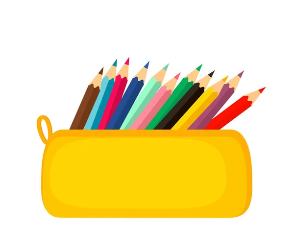 Un brillante estuche de lápiz escolar lleno de papelería escolar, como bolígrafos, lápices, Concepto del 1 de septiembre, ir a la escuela . — Vector de stock