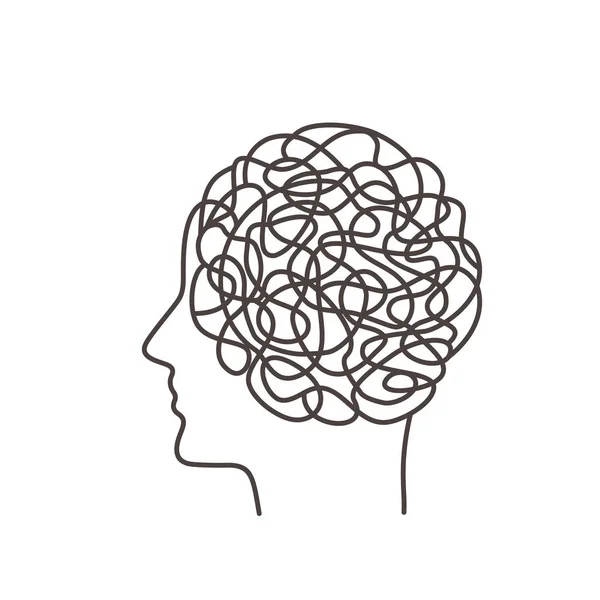 Kaos i tankar bestämmer mänskligt beteende. begreppet psykologi. Mänskliga hjärnor på bakgrunden av profilen för en person i en linjär stil. — Stock vektor