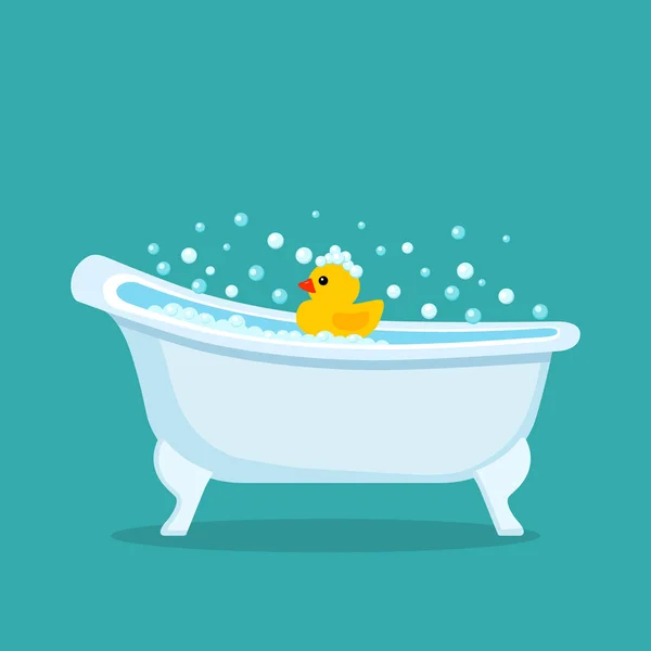 Retro badkuip met een rubber geel eendje speelgoed in het schuim. — Stockvector