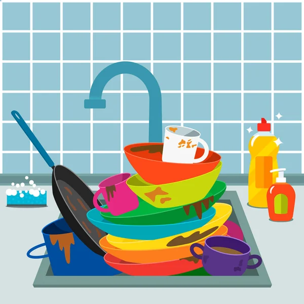 Uma pilha de pratos sujos não lavados na pia com uma torneira na cozinha. pratos sujos e detergente para lavar louça . — Vetor de Stock