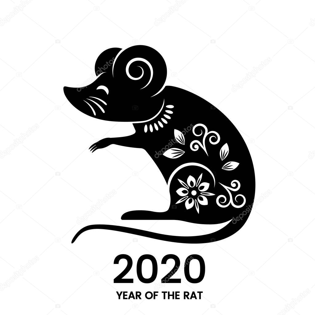 Black silhouette of a rat symbol of 2020 with oriental ornament. chinese new year elemen.