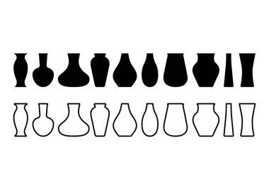Doğrusal bir tarzda farklı vazolar büyük bir koleksiyon. Antik ve modern vazosiluetleri.