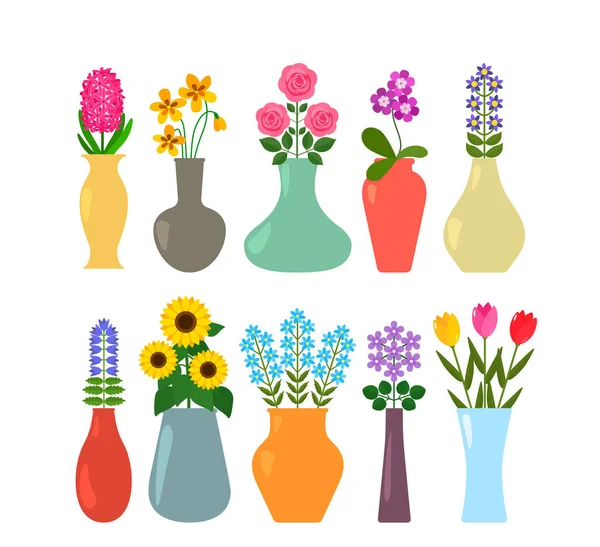 Set of colored vases with blooming flowers for interior design. — Stock Vector