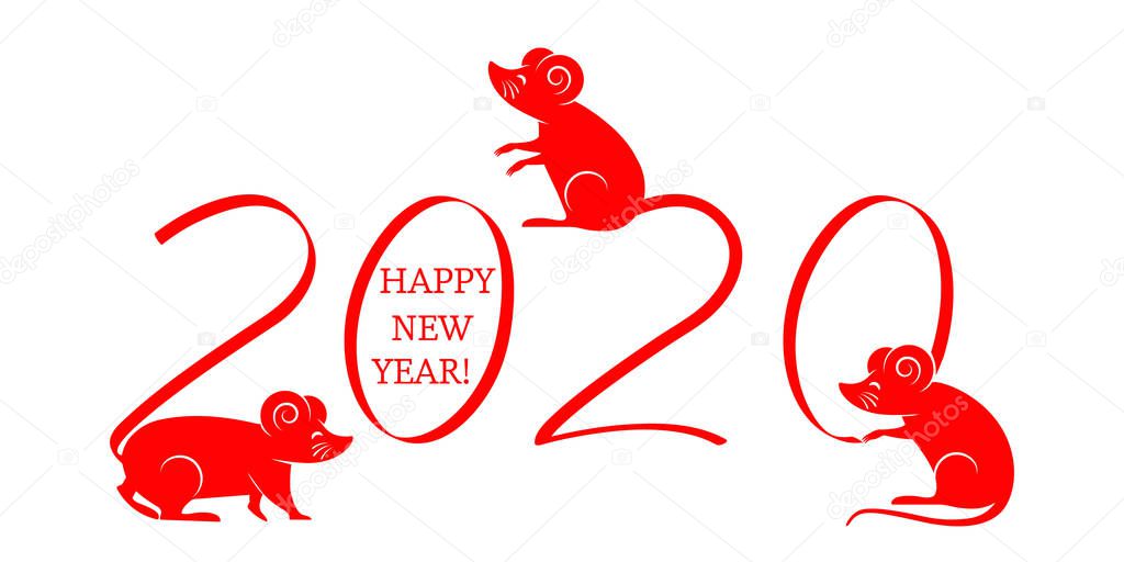 Greeting Christmas card with the year 2020 of the rat according to the Eastern calendar.