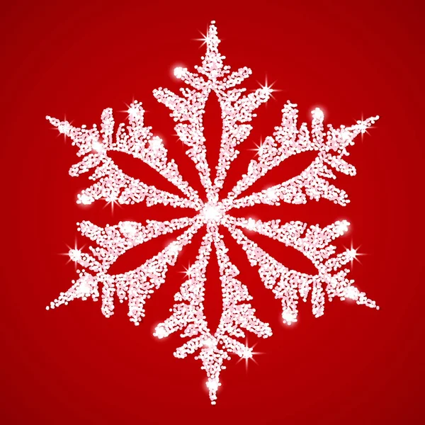 Εορταστική λευκή υφή Χιονονιφάδα με λάμψη και λάμψη σε κόκκινο φόντο. — Διανυσματικό Αρχείο