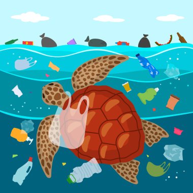 Okyanusta plastik çöp ekolojik felaket. Büyük bir kaplumbağa atık ve plastik torbalarda yüzer ve plastik çöp yiyor
