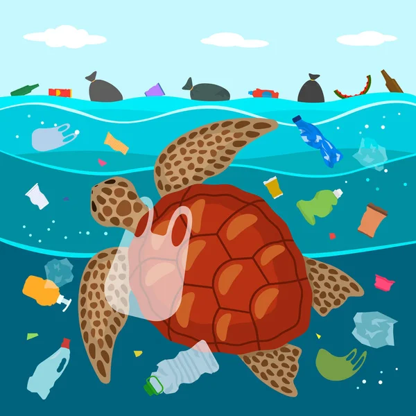 Desastre ecológico de basura plástica en el océano. Una tortuga grande nada en bolsas de plástico y residuos y come basura de plástico — Vector de stock