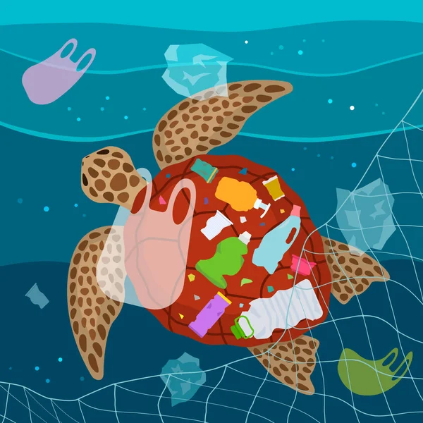 Umweltkatastrophe durch Plastikmüll im Meer. Eine große Schildkröte verheddert sich in einem Netz und frisst Plastikmüll — Stockvektor