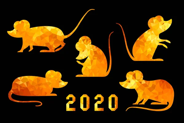 Duży zestaw azjatyckich złotych szczurów w różnych pozach. Chiński szczur jest symbolem 2020. Świąteczne elementy dla kalendarzy i designu nowego roku — Wektor stockowy