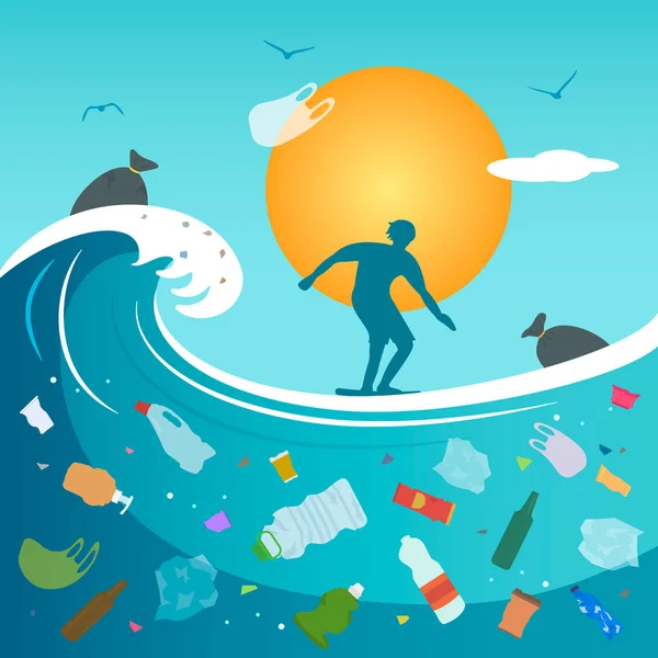 Catastrophe écologique des déchets plastiques dans l'océan. Silhouette d'un surfeur jeune homme sur fond de grosse vague dans un océan pollué . — Image vectorielle