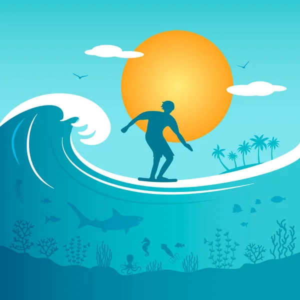 Silhouette d'un surfeur jeune homme sur fond de grande vague dans l'océan — Image vectorielle