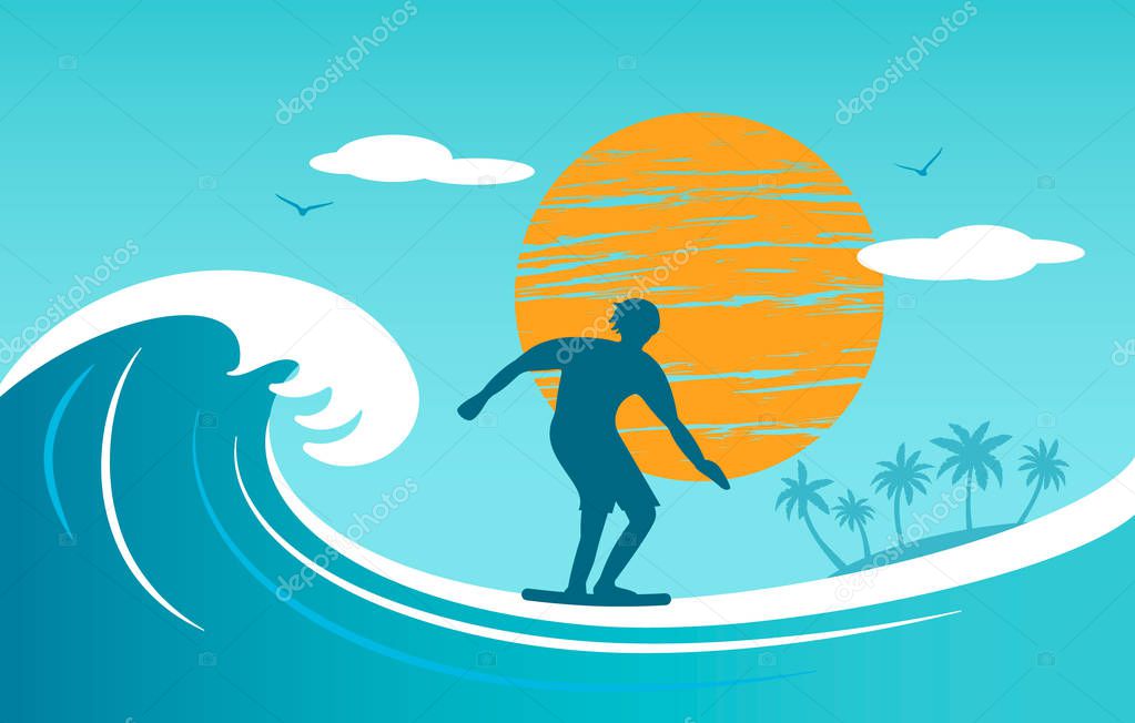 Silhouette of a surfer young man on the background of a large wave in the ocean, palm trees and the sun. summer vacation and hobby concept. vector illustration