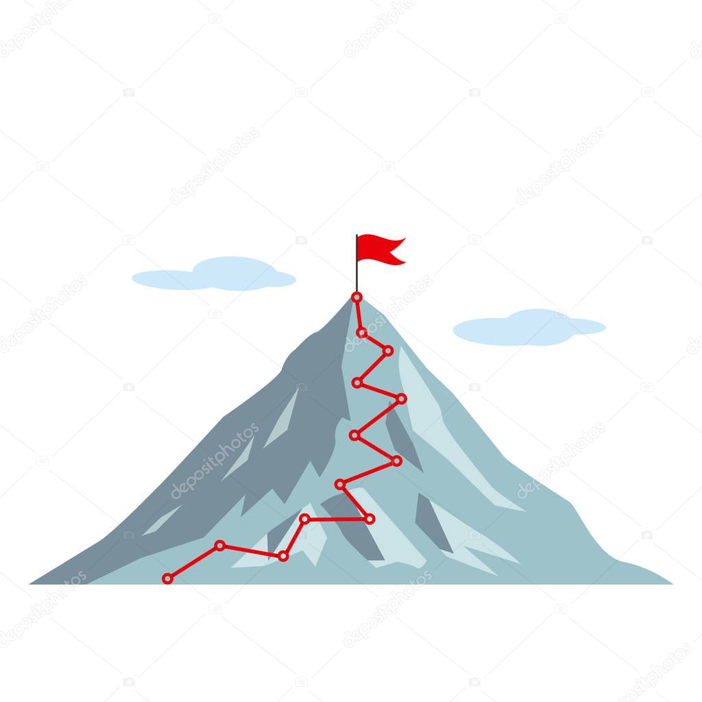 Climbing route to the top of the mountain with a flag and clouds.