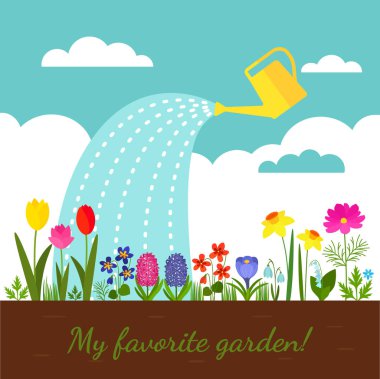 Flower bed with various spring flowers against the background of a cloudy sky.