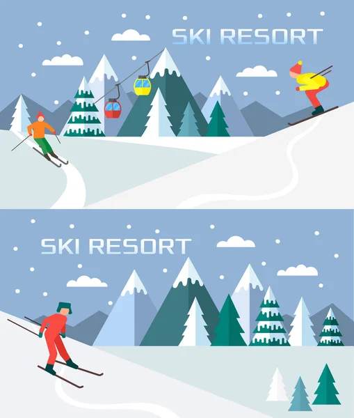 Temporada de esquí en los Alpes invernales. la estación de esquí está abierta . — Vector de stock