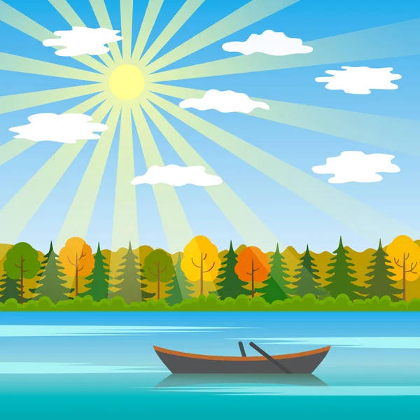 Un día soleado es un paisaje otoñal con un lago y un barco en el fondo de un bosque . — Vector de stock