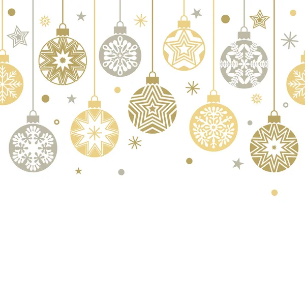 挂在花环和星星上的圣诞球 无缝金。 圣诞假期概念的模板. — 图库矢量图片