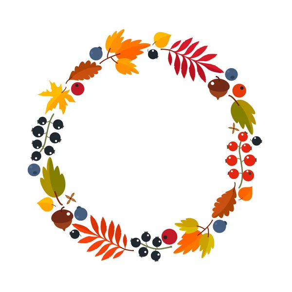 Осенний венок из кленовых листьев, ягод, желудей. Концепция Дня благодарения. Плоская векторная иллюстрация — стоковый вектор