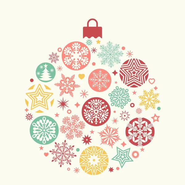 Vintage χριστουγεννιάτικη μπάλα που αποτελείται από διάφορα σχέδια νιφάδες χιονιού και αστέρια. Απομονωμένη επίπεδη διανυσματική απεικόνιση — Διανυσματικό Αρχείο
