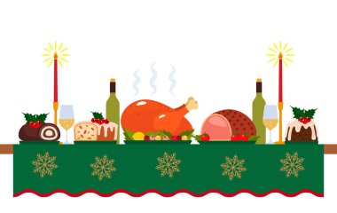 Masa örtüsü, hindi ve noel pudingiyle geleneksel Noel ziyafeti masası. Yeni yıl için tebrik dekoru. vektör illüstrasyonu