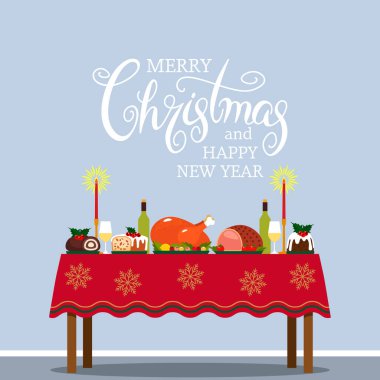 Masa örtüsü, hindi ve noel pudingiyle geleneksel Noel ziyafeti masası. Kaligrafi için tebrik metni, Yeni Yıl ve Noel için el yazısı
