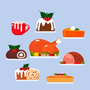 Noel ve Şükran Günü için şenlikli yemekler. Festival masası için büyük bir yemek seti. Fırında hindi, sebze, balkabağı turtası, Noel pudingi ve sütlü kahve..