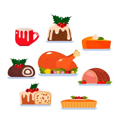 Noel ve Şükran Günü için büyük bir geleneksel tabak seti. Fırında hindi, Noel pudingi, balkabağı turtası, kahve içeceği.