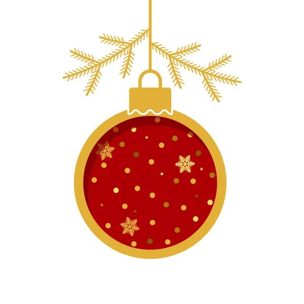 크리스마스 트리 가지가 달린 빨간 크리스마스 공. 휴일을 위한 평면 템플릿. Xmas 개념 — 스톡 벡터