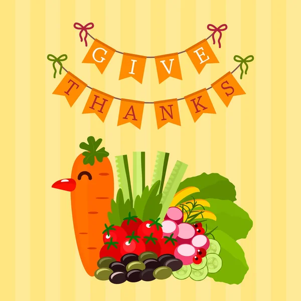 Festlig kalkon gjord av höstens säsongsbetonade grönsaker. Tacksägelsedag gratulationskort eller banner. — Stock vektor