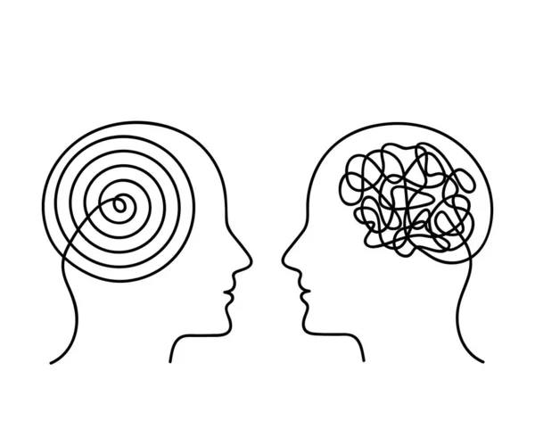 Duas cabeças humanas com pensamento oposto. o conceito de caos e ordem nos pensamentos . — Vetor de Stock