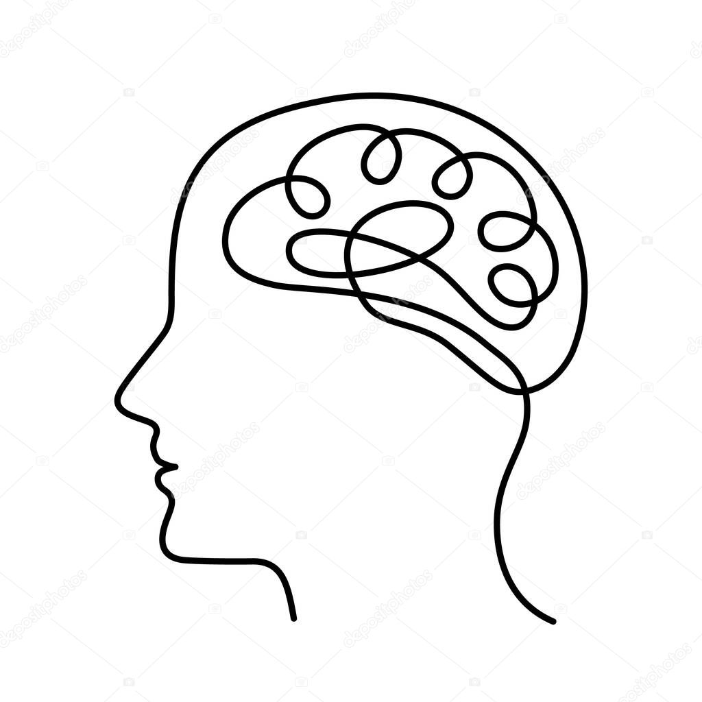 Continuous stylized modern drawing of a human head and brain. flat vector linear illustration on a white background. drawing thoughts and chaos in a mans head in one line
