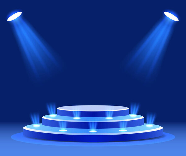 Освещённый подиум на церемонии награждения. в центре внимания на синем фоне. Векторная иллюстрация
