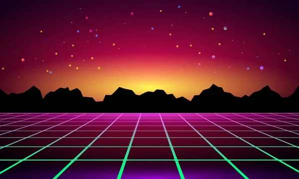 Illustration Futuristic Perspective Grid Cosmic Starry Sky Sci Neon Landscape — Stock Vector