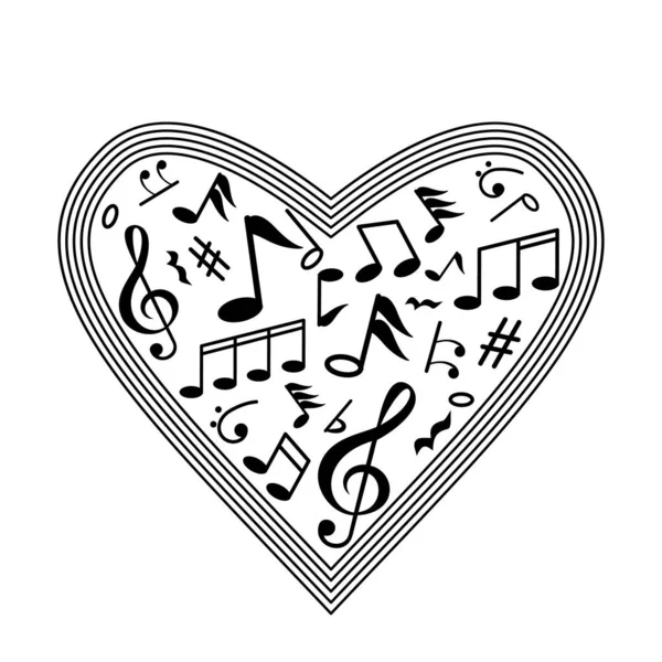 İçinde notalar olan bir kalp. Müzik için aşk kavramı. düz vektör grafik illüstrasyonu