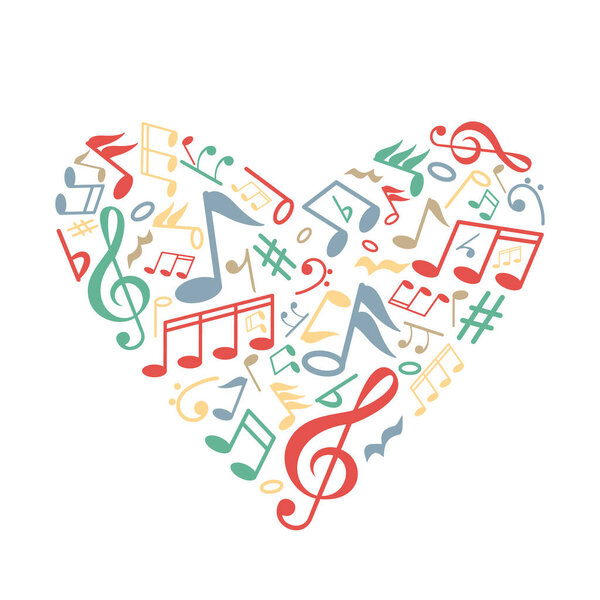 сердце с музыкальными нотами внутри. концепция любви к музыке. Плоская векторная графика