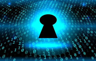 Ekrandaki ikili matris kodunun arkaplan akışındaki anahtar deliği. Bilgisayar matrisinin numaraları.