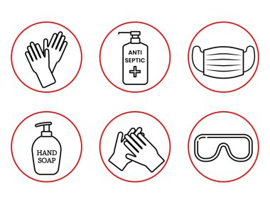 Küresel Koronavirüs Salgını Davranış Kodu. Tıbbi maske kullan, ellerini yıka, antiseptikle tedavi et. Hijyen Covid - 19 bilgi simgesi. Beyaz grupta izole edilmiş vektör çizimi