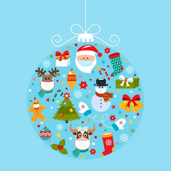 Bright 2019 Feliz Año Nuevo tarjeta de felicitación Bola de Navidad abstracta con símbolos de Navidad Santa, árbol de Navidad, ciervo, regalo. — Vector de stock