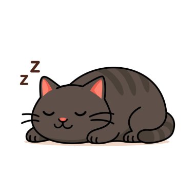 Şirin şişman evcil kedi uyuyor ve hayatın tadını çıkarıyor. Düz vektör doğrusal illüstrasyon