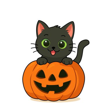 A cute black kitten sits in a jack-o-lantern and smiles. An orange pumpkin with a muzzle for Halloween.