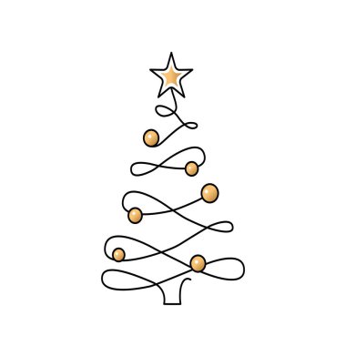 A stylish Christmas tree with a star and golden New Years balls. Continuous one-line drawing. Vector illustration