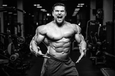 Vahşi seksi vücut geliştirme sporcusu kaslarını çalıştıran vücut geliştirme konsepti geliştiren sporcu. Spor salonunda çıplak vücut geliştirme egzersizleri yapan kaslı yakışıklı erkekler.