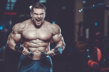 Vahşi seksi vücut geliştirme sporcusu kaslarını çalıştıran vücut geliştirme konsepti geliştiren sporcu. Spor salonunda çıplak vücut geliştirme egzersizleri yapan kaslı yakışıklı erkekler.