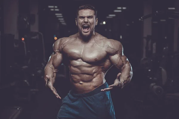 Handsome young fit muscular caucasian man of model appearance workout training in the gym gaining weight pumping up muscle and poses fitness and bodybuilding sport nutrition concept