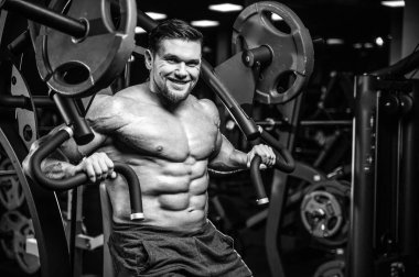 Vahşi seksi vücut geliştirme sporcusu kaslarını çalıştıran vücut geliştirme konsepti geliştiren sporcu. Spor salonunda çıplak vücut geliştirme egzersizleri yapan kaslı yakışıklı erkekler.